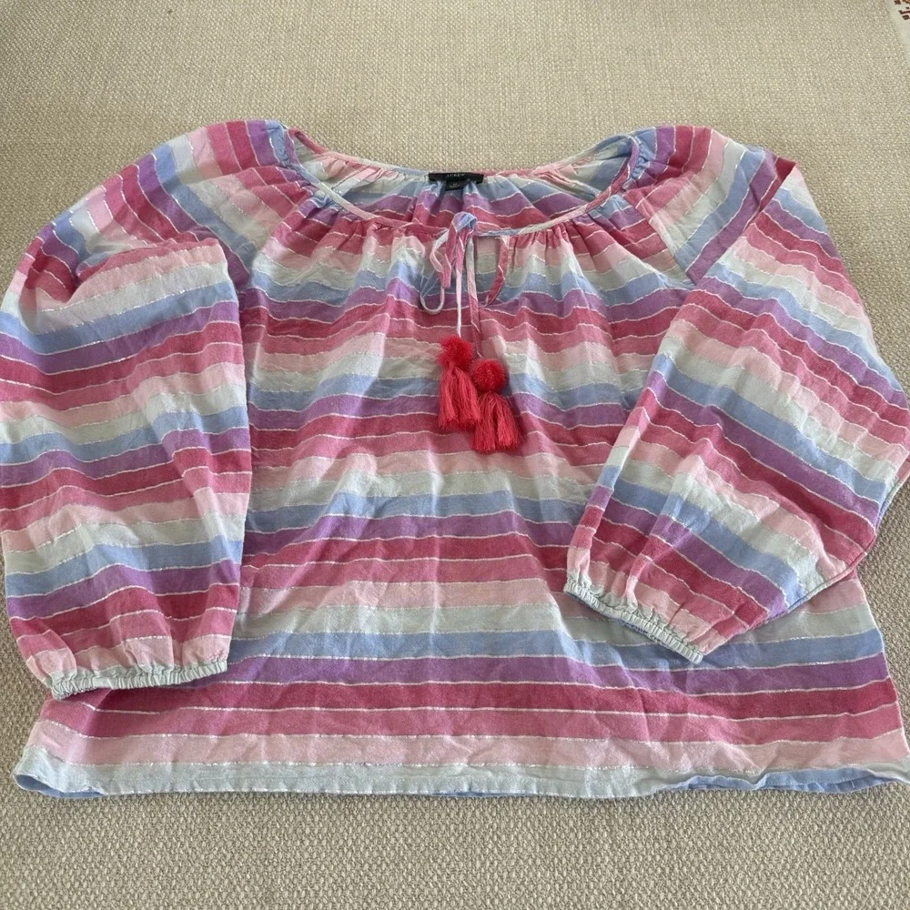 J. Crew Jack Metallic Stripe Peasant Top Tassel Tie Neckline Rainbow M Pastel